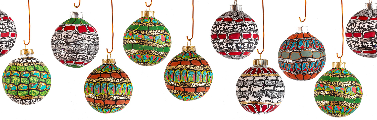148: Christmas balls in polymer clay by Janet Elmore -- Photo on Lamp shade by David Elmore