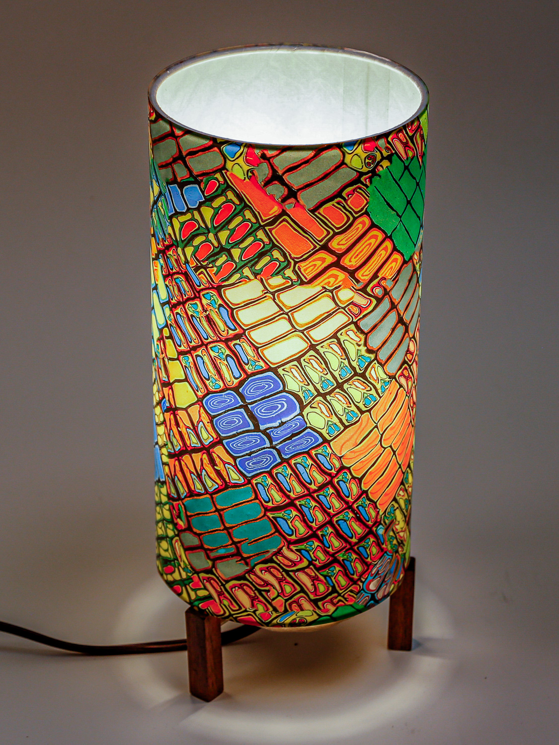 119: Minimalist lamp with colorful polymer clay design -- Photo on Lamp shade by David Elmore