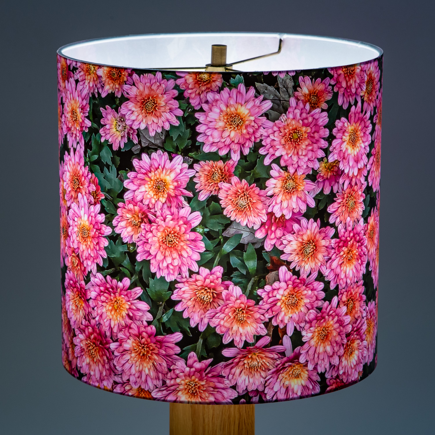 111: Pink Chrysanthemum: Mums are called the 'Queen of Fall Flowers' -- Photo on Lamp shade by David Elmore