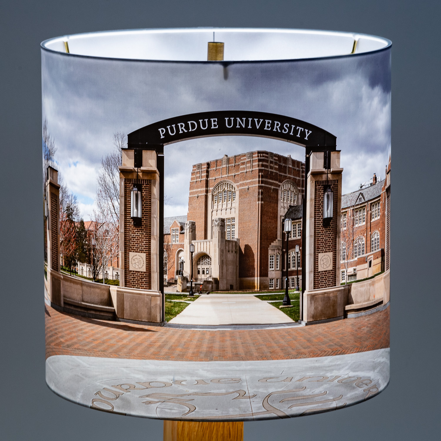 122: Purdue University gateway arch and Memorial Union -- Photo on Lamp shade by David Elmore