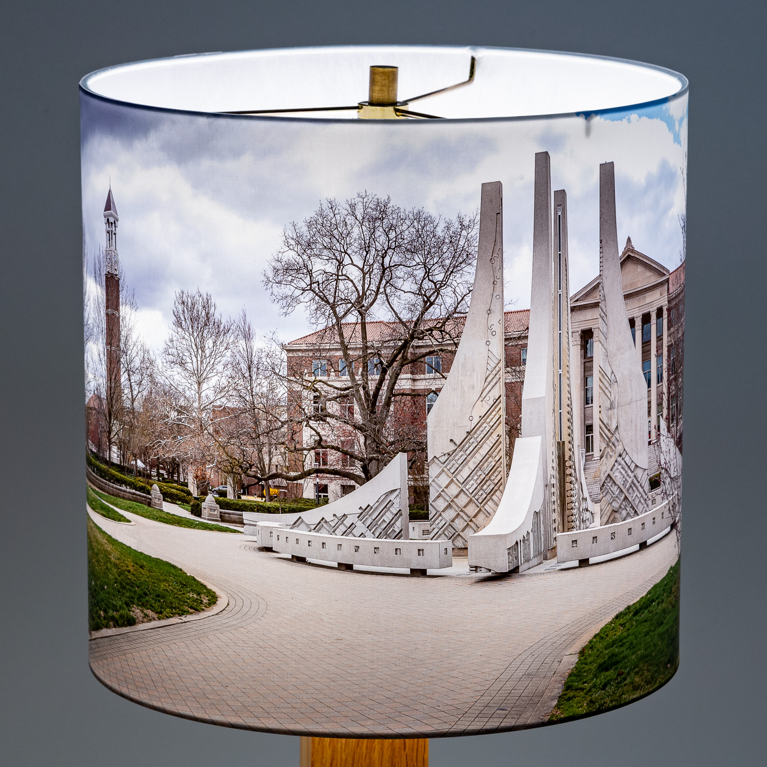 121: Purdue University fountain, bell tower, Hovde on Engineering mall -- Photo on Lamp shade by David Elmore