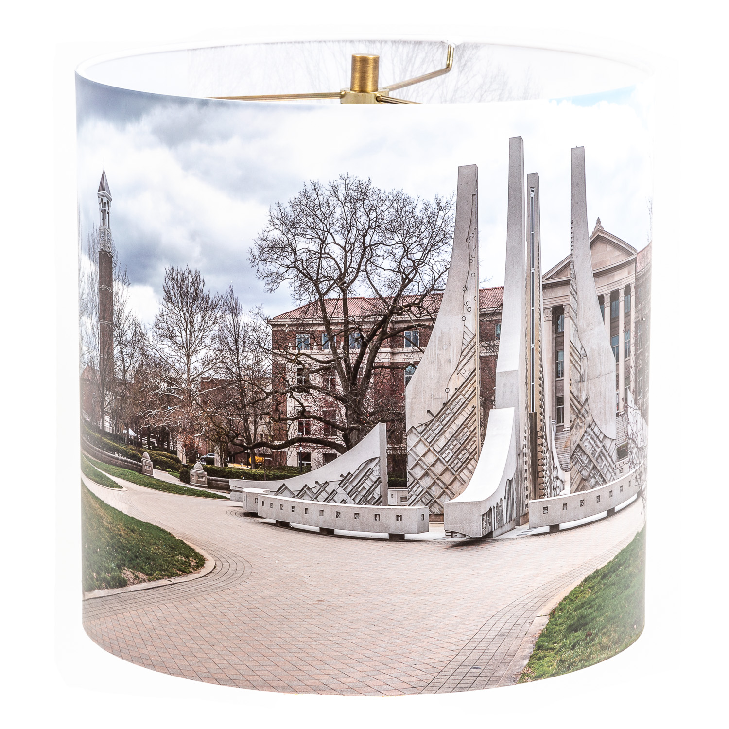 121: Purdue University fountain, bell tower, Hovde on Engineering mall -- Photo on Lamp shade by David Elmore