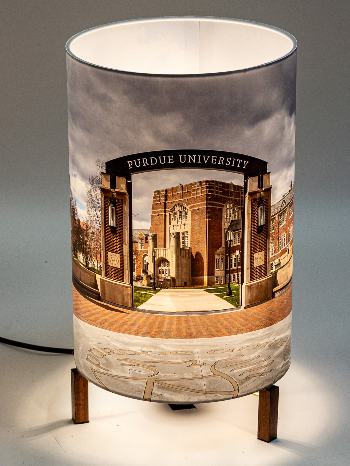 122: Purdue University gateway arch and Memorial Union Lamp in a shade -- Photo on Lamp shade by David Elmore