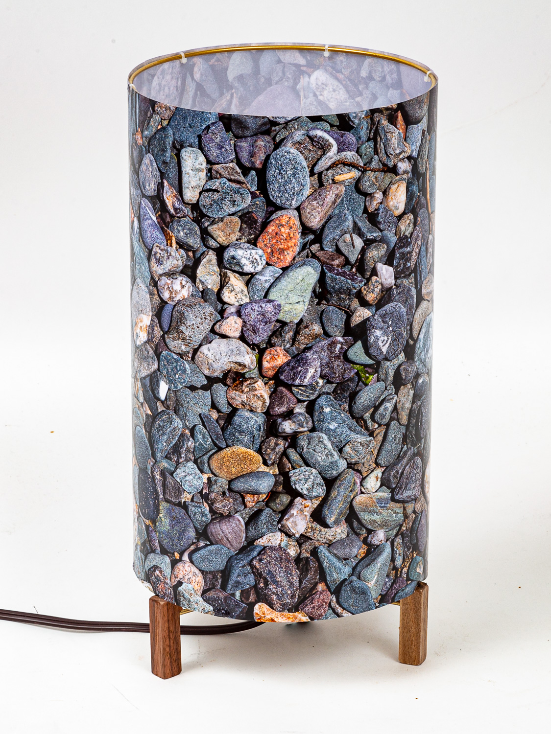 110: Lamp in a shade with photo of beach pebbles -- Photo on Lamp shade by David Elmore