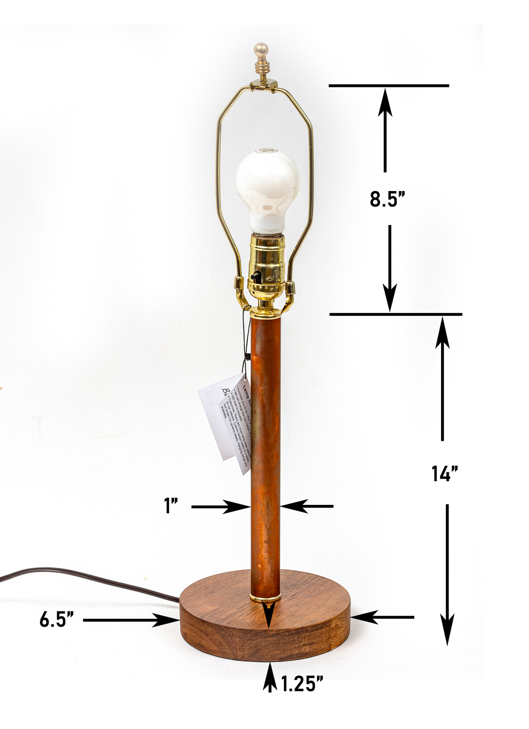 : Standard table lamp with oak disk base and copper pipe tower
